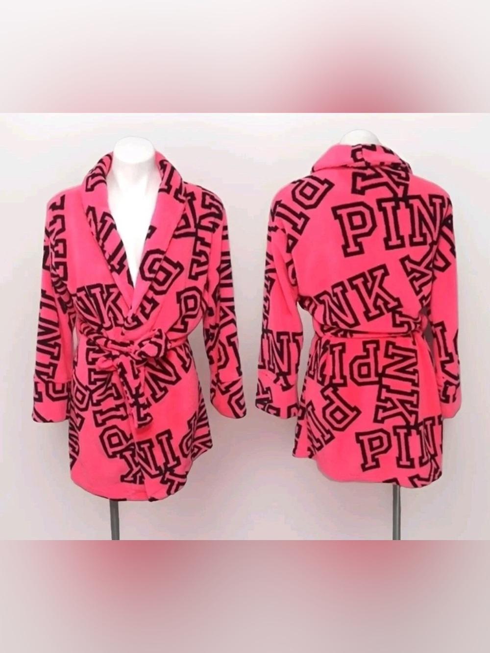 VTG PINK Victoria's Secret Women's Soft Pink Plush Signature Belted Robe M/ L